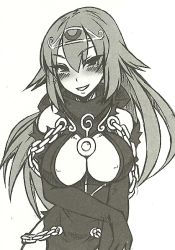 Rule 34 | 1girl, bare shoulders, blush, breasts, chain, elbow gloves, female focus, gloves, grin, humanization, kenkou cross, large breasts, long hair, looking at viewer, monochrome, monster girl encyclopedia, nightmare (monster girl encyclopedia), official art, personification, simple background, smile, solo, white background