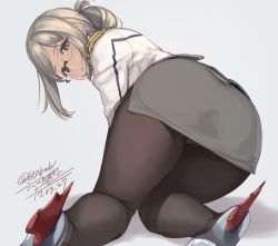 Rule 34 | 10s, 1girl, all fours, ass, black pantyhose, breasts, crotch seam, dated, epaulettes, folded ponytail, from side, full body, glasses, gloves, green eyes, grey background, high heels, jacket, kantai collection, katori (kancolle), large breasts, light brown hair, long hair, looking at viewer, military, military uniform, miniskirt, panties, panties under pantyhose, pantyhose, parted bangs, parted lips, pencil skirt, rokuwata tomoe, simple background, skirt, solo, thighs, underwear, uniform, white gloves
