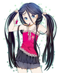 Rule 34 | 1girl, bad id, bad pixiv id, bare shoulders, black hair, blue eyes, breasts, bunching hair, cowboy shot, hair between eyes, hair ornament, hairdressing, hairpin, long hair, mattaku mousuke, mouth hold, original, small breasts, solo, twintails, very long hair, white background