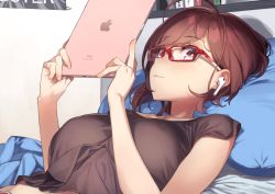 Rule 34 | 1girl, 92m, ahoge, airpods, bed, bed sheet, book, breasts, brown eyes, brown shirt, closed mouth, collarbone, glasses, highres, holding, indoors, ipad, kinshi no ane (92m), large breasts, light brown hair, looking at viewer, looking to the side, lying, on back, original, pillow, poster (object), shirt, short hair, smile, solo, swept bangs, tablet pc, upper body, wireless earphones