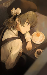 Rule 34 | 1girl, beret, black hat, brown eyes, brown hair, coffee, collared shirt, cup, egg (food), flower, food, fried egg, from above, hat, hatoba tsugu, head on table, head rest, highres, modare, rose, shirt, skirt, solo, spoon, suspender skirt, suspenders, virtual youtuber, white flower, white rose, white shirt
