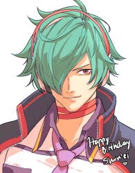 Rule 34 | 1boy, absurdres, ahoge, black jacket, character name, collared shirt, commentary, dated commentary, english commentary, english text, green hair, hair over one eye, happy birthday, headphones, heart, highres, jacket, ktovhinao, looking at viewer, male focus, necktie, one eye covered, parted lips, portrait, purple necktie, red eyes, shirt, short hair, shun&#039;ei, simple background, smile, solo, the king of fighters, the king of fighters xv, white background, white shirt