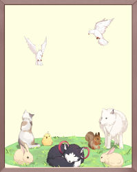 Rule 34 | animal, animal ear fluff, animal focus, bad id, bad pixiv id, beige background, bird, bird request, rabbit, cat, chick, dog, closed eyes, facing away, highres, neps-l, no humans, on grass, original, picture frame, squirrel, wolf