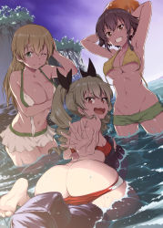 Rule 34 | 3girls, ;), absurdres, anchovy (girls und panzer), armpits, arms behind head, ass, barefoot, bikini, bikini pull, bikini shorts, bikini skirt, black hair, black ribbon, blonde hair, blush, braid, breasts, brown eyes, butt crack, carpaccio (girls und panzer), closed mouth, clothes pull, commentary request, covering privates, covering breasts, day, drill hair, dutch angle, female focus, from behind, girls und panzer, gluteal fold, green bikini, green eyes, green hair, grin, groin, hair ribbon, hand on own head, highres, inflatable torpedo, inflatable toy, inu (aerodog), large breasts, leaning forward, long hair, looking at viewer, looking back, medium breasts, mismatched bikini, multiple girls, navel, one eye closed, open bikini, open clothes, outdoors, pepperoni (girls und panzer), red bikini, red eyes, ribbon, short hair, shorts, side braid, sitting, smile, standing, straddling, swimming, swimsuit, twin drills, twintails, untied bikini, wading, wardrobe malfunction, water, wavy hair, wet, white bikini, yellow bikini