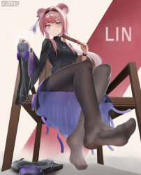 Rule 34 | 1girl, absurdres, animal ears, arknights, bm (bm364364), boots, unworn boots, chair, feet, hairband, highres, holding, holding shoes, light blush, lin (arknights), long hair, looking at viewer, pantyhose, pink hair, purple eyes, shoes, unworn shoes, sitting, soles, steam