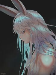 Rule 34 | 1other, androgynous, animal ears, black background, blue eyes, chinese zodiac, colored eyelashes, commentary request, from side, grey hair, highres, long hair, looking at viewer, looking to the side, mandara, nude, original, rabbit ears, revision, signature, solo, upper body, year of the rabbit