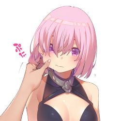 Rule 34 | 1girl, armor, armored dress, arms at sides, bare shoulders, blunt bangs, cheek pinching, cleavage cutout, clothing cutout, collarbone, eyes visible through hair, fate/grand order, fate (series), hair over one eye, head tilt, long bangs, mash kyrielight, pinching, popqn, purple eyes, purple hair, short hair, simple background, solo, upper body, white background