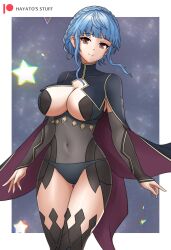 Rule 34 | 1girl, artist name, blue hair, blue panties, bodystocking, braid, braided bun, breasts, brown eyes, cape, cleavage, cosplay, cropped legs, dark mage (fire emblem fates), female focus, fire emblem, fire emblem: three houses, fire emblem fates, hair bun, hayato stuff, highres, large breasts, looking at viewer, marianne von edmund, navel, night, night sky, nintendo, nyx (fire emblem), nyx (fire emblem) (cosplay), panties, patreon logo, patreon username, short hair, sky, smile, solo, standing, star (sky), star (symbol), thighhighs, underwear