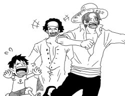 Rule 34 | 3boys, aged down, anchor (symbol), angry, black pants, child, collared shirt, crying, east blue, facial scar, harumura99, hat, headband, image sample, laughing, male focus, monkey d. luffy, monochrome, multiple boys, one piece, pants, partially unbuttoned, pixiv sample, scar, scar across eye, scar on cheek, scar on face, shanks (one piece), shirt, short sleeves, simple background, sleeves rolled up, smile, straw hat, t-shirt, teeth, white background, white shirt, yasopp