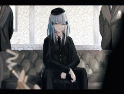 Rule 34 | 1girl, 3others, absurdres, amamizu shizuku, black coat, black pants, black vest, blue hair, coat, collared shirt, commentary request, couch, expressionless, facial mark, girls&#039; frontline, green eyes, hair ornament, hat, highres, hk416 (girls&#039; frontline), indoors, long hair, long sleeves, looking at viewer, multiple others, necktie, on couch, pants, shirt, sitting, vest, white shirt