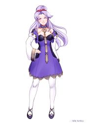 Rule 34 | 1girl, absurdres, artist name, closed mouth, cosplay, dress, fire emblem, fire emblem: genealogy of the holy war, fire emblem: three houses, full body, highres, idle antics, long hair, long sleeves, lysithea von ordelia, lysithea von ordelia (cosplay), nintendo, ponytail, purple eyes, purple hair, simple background, smile, solo, tailtiu (fire emblem), white background, white legwear