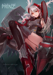 Rule 34 | 1girl, arm up, azur lane, black gloves, black thighhighs, blue background, breasts, cglas, character name, copyright name, cross, full body, gloves, hair between eyes, highres, iron cross, large breasts, long hair, looking at viewer, mole, multicolored hair, orange eyes, parted lips, prinz eugen (azur lane), red hair, silver hair, solo, streaked hair, thighhighs, thighs, two side up, very long hair, watermark, web address