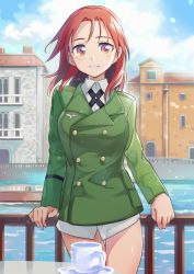 Rule 34 | 1girl, blue sky, building, buttons, commentary request, cowboy shot, cup, green jacket, jacket, long hair, long sleeves, looking at viewer, military, military uniform, minna-dietlinde wilcke, neck ribbon, niina ryou, no pants, orange eyes, orange hair, ribbon, river, shirt, sky, solo, strike witches, teacup, thighs, uniform, white shirt, world witches series
