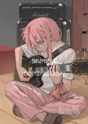 Rule 34 | 1girl, blue eyes, bocchi the rock!, bright pupils, brown footwear, closed mouth, commentary, crossed legs, electric guitar, english commentary, gotoh hitori, guitar, highres, instrument, long hair, marshall amplification, music, on floor, pants, pink hair, pink pants, playing guitar, playing instrument, red ribbon, ribbon, shirt, short sleeves, sitting, solo, track pants, white pupils, white shirt, wrist ribbon, yanlingjinshilihuahua