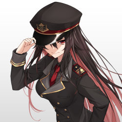 Rule 34 | 1girl, black hair, black shirt, black suit, breasts, buttons, colored inner hair, commentary, double-breasted, epaulettes, formal, hair between eyes, hand on headwear, hat, healther, highres, large breasts, long hair, long sleeves, looking at viewer, military, multicolored hair, one eye covered, original, peaked cap, pink hair, red eyes, red neckwear, shirt, simple background, solo, suit, two-tone hair, upper body, very long hair, white background, wing collar