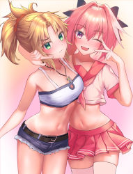 Rule 34 | 1boy, 1girl, astolfo (fate), astolfo (sailor paladin) (fate), bandeau, bare shoulders, belt, blonde hair, blue shorts, blush, bow, braid, braided ponytail, breasts, crop top, cutoffs, denim, denim shorts, fate/apocrypha, fate/grand order, fate (series), green eyes, hair bow, hair intakes, half up braid, highres, jewelry, kamome no yume, long hair, looking at viewer, midriff, mordred (fate), mordred (fate/apocrypha), mordred (memories at trifas) (fate), multicolored hair, navel, neckerchief, necklace, one eye closed, open mouth, parted bangs, pink hair, pink sailor collar, pink skirt, ponytail, purple eyes, sailor collar, school uniform, serafuku, shirt, short shorts, short sleeves, shorts, sidelocks, skirt, small breasts, smile, streaked hair, thighhighs, thighs, trap, white hair, white shirt, white thighhighs