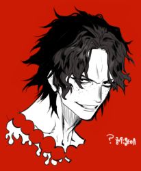 Rule 34 | 1boy, ?, freckles, grin, looking at viewer, male focus, monochrome, one piece, pigeon666, portgas d. ace, portrait, red background, red theme, sanpaku, short hair, simple background, smile, solo