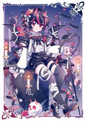 Rule 34 | 1boy, :3, animal ears, bandaged leg, bandaged wings, bandages, bat (animal), black bow, black bowtie, black cape, black footwear, black hair, black nails, black shorts, black thighhighs, border, bow, bowtie, candle, cane, cape, cat ears, center frills, closed eyes, commentary, crown, demon boy, demon horns, demon tail, demon wings, dot nose, earrings, flower, frilled shirt, frills, garter straps, grave, hair bow, high-waist shorts, high heels, holding, holding cane, horns, hyou (pixiv3677917), inset border, jewelry, long sleeves, looking at viewer, male focus, mini crown, multicolored hair, nail polish, night, night sky, original, ornate border, outdoors, petals, pointy ears, puffy sleeves, purple sky, red eyes, red flower, red hair, red rose, rose, shirt, shorts, signature, single garter strap, sitting, skull, sky, smile, streaked hair, suspenders, symbol-only commentary, tail, thighhighs, tombstone, torn clothes, torn thighhighs, white bow, white shirt, wings