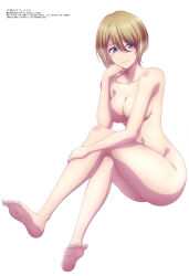 Rule 34 | 1girl, absurdres, ass, blonde hair, blue eyes, breasts, cleavage, crossed legs, highres, hououji akane, large breasts, looking at viewer, magazine scan, medium breasts, megami magazine, megami no kafeterasu, navel, noguchi masatsune (anime character design), nude, official art, scan, seo kouji, simple background, soles, thighs, white background