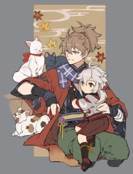 Rule 34 | 2boys, aged down, animal, antenna hair, bandages, black gloves, blue eyes, blue scarf, brown hair, cat, child, closed eyes, closed mouth, commentary, cropped legs, fingerless gloves, genshin impact, gloves, grey hair, hair between eyes, highres, japanese clothes, kaedehara kazuha, kazuha&#039;s friend (genshin impact), leaf, male focus, multicolored hair, multiple boys, papajay (jennygin2), parted lips, ponytail, red eyes, red hair, scarf, sitting, sitting on lap, sitting on person, streaked hair, striped clothes, striped scarf, symbol-only commentary, vision (genshin impact), wide sleeves