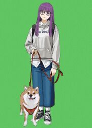 Rule 34 | 1girl, absurdres, alternate costume, black footwear, blunt bangs, closed mouth, dog, fern (sousou no frieren), glasses, green background, hair between eyes, highres, holding, holding leash, leash, long hair, looking at viewer, purple eyes, purple hair, shiren (ourboy83), sidelocks, simple background, solo, sousou no frieren, standing