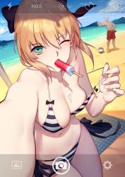 Rule 34 | 1boy, 1girl, absurdres, archer (fate), artoria pendragon (all), artoria pendragon (fate), beach, bikini, blonde hair, blood, blue eyes, blue sky, boat, breasts, bulge, cleavage, cloud, dark skin, day, erection, erection under clothes, fate/stay night, fate (series), food, highres, ice cream, mountain, navel, nosebleed, one eye closed, outdoors, popsicle, reaching, reaching towards viewer, rekaerb maerd, saber (fate), saber lily, selfie, sky, striped bikini, striped clothes, swimsuit, thumbs up, watercraft, white hair