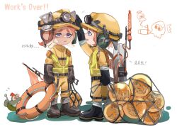 +++ 2girls :d arm_up bandage_on_face bandages black_footwear black_gloves blue_eyes boots chinese_commentary chinese_text d: duct_tape elbow_gloves fang feiguasang flag furrowed_brow gloves golden_egg_(splatoon) hand_on_another&#039;s_head headset helmet high-visibility_clothing high-visibility_vest highres holding holding_net inkling inkling_girl inkling_player_character jumpsuit lifebuoy mining_helmet multiple_girls net nintendo octoling octoling_girl octoling_player_character open_mouth orange_hair orange_helmet orange_jumpsuit packet purple_eyes rubber_boots rubber_gloves salmon_run_(splatoon) salmonid short_hair sideways_mouth simple_background smallfry_(splatoon) smile splatoon_(series) swim_ring tentacle_hair translation_request white_background