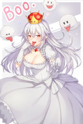 Rule 34 | 1girl, absurdres, black eyes, blush, boo (mario), bow, breasts, character name, cleavage, closed eyes, commentary request, crown, dress, earrings, elbow gloves, finger to tongue, floating, frilled dress, frills, gem, ghost, gloves, grey background, grey hair, hair between eyes, hallohi, hands up, heart, highres, jewelry, large breasts, long hair, looking at viewer, luigi&#039;s mansion, mario (series), neck garter, new super mario bros. u deluxe, nintendo, outstretched hand, pointy ears, princess king boo, puffy short sleeves, puffy sleeves, red eyes, sharp teeth, short sleeves, solo, super crown, teeth, tongue, tongue out, two-tone background, upper teeth only, very long hair, white bow, white dress, white gloves