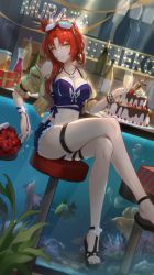 Rule 34 | 1girl, absurdres, alcohol, bar stool, blue shorts, bottle, breasts, cake, champagne, character name, cleavage, closed mouth, crossed legs, cup, denim, denim shorts, drinking glass, eyewear on head, fish, food, full body, highres, holding, holding cup, honkai (series), honkai impact 3rd, jacket, jewelry, legs, looking at viewer, medium breasts, mole, mole on breast, murata himeko, murata himeko (scarlet fusion), nail polish, navel, necklace, red hair, red nails, revision, sandals, short sleeves, shorts, sitting, smile, solo, stool, summer uniform, sunglasses, taichi (yirkorn), thighs, toenail polish, toenails, toes, wine bottle, wine glass, yellow eyes, yellow jacket