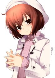 Rule 34 | 1girl, beret, brown eyes, brown hair, coat, hat, highres, kantai collection, looking at viewer, nassukun, official alternate costume, own hands clasped, own hands together, ribbed sweater, short hair, simple background, solo, sweater, twitter username, upper body, white background, white coat, white hat, white sweater, yukikaze (kancolle)