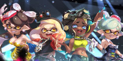 Rule 34 | + +, 4girls, aqua hair, aqua skin, arm up, bandana, black collar, black dress, black hair, black headband, black headwear, blunt bangs, blurry, blurry background, breasts, callie (splatoon), cephalopod eyes, chain, chain necklace, cleavage, collar, colored skin, commentary, crop top, crown, dark-skinned female, dark skin, depth of field, detached collar, dress, earrings, fangs, food, food on head, gloves, gradient hair, green eyes, green hair, green shirt, grey hair, headband, highres, inkling, iria (yumeirokingyo), jewelry, light particles, long hair, long sleeves, looking at viewer, marie (splatoon), marina (splatoon), medium breasts, midriff, mole, mole under eye, multicolored hair, multicolored skin, multiple girls, navel, necklace, nintendo, object on head, octoling, open mouth, pearl (splatoon), pink pupils, pointing, pointing up, pointy ears, red hair, sharp teeth, shirt, short dress, short hair, sleeveless, sleeveless shirt, smile, splatoon (series), splatoon 1, splatoon 2, spotlight, standing, strapless, strapless dress, suction cups, sushi, sweater, sweater dress, swept bangs, teeth, tentacle hair, tilted headwear, very long hair, white collar, white gloves, white hair, wing collar, yellow dress, yellow eyes