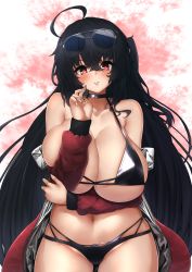 Rule 34 | 1girl, absurdres, ahoge, arm under breasts, aviator sunglasses, azur lane, bare shoulders, bikini, black bikini, black choker, black hair, blush, breast hold, breasts, choker, cleavage, eyewear on head, highleg, highleg bikini, highres, huge breasts, jacket, long hair, looking at viewer, multi-strapped bikini bottom, multi-strapped bikini top, multiple straps, nagisa otoha, navel, off-shoulder jacket, off shoulder, official alternate costume, parted lips, race queen, red eyes, red jacket, solo, sunglasses, swimsuit, taihou (azur lane), taihou (enraptured companion) (azur lane), very long hair