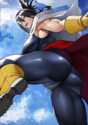 Rule 34 | 1girl, absurdres, ass, black eyes, black hair, blue sky, bodysuit, boku no hero academia, boots, breasts, cape, day, gloves, hair between eyes, highres, large breasts, lips, looking at viewer, shimura nana, short hair, sky, smile, solo, teeth, upper teeth only, white cape, yellow footwear, yellow gloves, yoshio (55level)