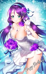 Rule 34 | 10s, 1girl, aile (crossroads), alternate costume, blush, bouquet, breasts, cleavage, dress, flower, gloves, green eyes, hair flower, hair ornament, hair ribbon, hairband, happy birthday, highres, jewelry, large breasts, lips, long hair, love live!, love live! school idol festival, love live! school idol project, necklace, ribbon, rose, smile, solo, tojo nozomi, twintails, wedding dress, white gloves
