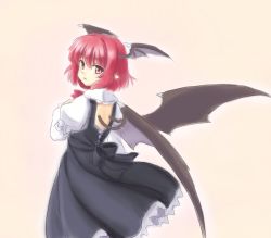 Rule 34 | 1girl, alternate hair length, alternate hairstyle, back cutout, bat wings, clothing cutout, demon girl, demon tail, demon wings, dress, frilled dress, frills, isaki (gomi), koakuma, long sleeves, looking at viewer, looking back, pink background, pointy ears, red eyes, red hair, short hair, simple background, tail, touhou, wings