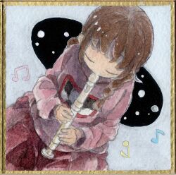 Rule 34 | 1girl, braid, brown hair, closed eyes, cowboy shot, dutch angle, flute, gold border, hair over shoulder, hands up, holding, holding flute, holding instrument, instrument, koto (patina375887), long hair, long sleeves, low twin braids, madotsuki, music, musical note, painting (medium), photo-referenced, photo (medium), pink sweater, playing instrument, print sweater, recorder, red skirt, shikishi, skirt, solo, star (sky), sweater, traditional media, twin braids, watercolor (medium), white background, window, yume nikki