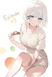 Rule 34 | 1girl, blue eyes, breasts, episode number, food, from above, hair ornament, highres, holding, holding clothes, holding shirt, licking lips, looking at viewer, medium breasts, official art, pizza, pizza slice, shirt, short hair, siesta (tantei wa mou shindeiru), simple background, sitting, solo, t-shirt, tantei wa mou shindeiru, tongue, tongue out, umibouzu (niito), white background, white hair, white shirt, x hair ornament
