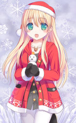 Rule 34 | 1girl, :d, black mittens, blonde hair, blush, buttons, christmas, gloves, green eyes, hat, holding, ikeda yuuki, jewelry, long hair, looking at viewer, md5 mismatch, mittens, necklace, open mouth, original, pantyhose, reindeer, santa hat, sidelocks, smile, snowflakes, snowman, solo, star (symbol), white pantyhose