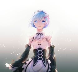 Rule 34 | 10s, 1girl, apron, black bow, black ribbon, blue eyes, blue hair, bow, breasts, catsir, cleavage, crying, crying with eyes open, detached sleeves, eyebrows, frilled apron, frills, gradient background, grey background, hair ornament, hair over one eye, highres, looking at viewer, maid, maid apron, maid headdress, matching hair/eyes, medium breasts, open mouth, parted bangs, purple ribbon, re:zero kara hajimeru isekai seikatsu, rem (re:zero), ribbon, short hair, solo, tears, text focus, upper body, x hair ornament