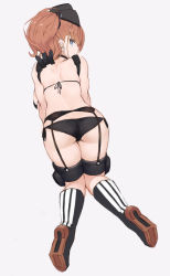 Rule 34 | 1girl, absurdres, all fours, anchor hair ornament, ass, atlanta (kancolle), back, backboob, bare arms, bare shoulders, black hat, blue eyes, blush, boots, breasts, brown hair, choker, commentary request, earrings, from behind, garrison cap, garter belt, garter straps, hair ornament, hat, highres, jewelry, kantai collection, large breasts, long hair, looking at viewer, looking back, panties, ryo (tg290), side-tie panties, simple background, solo, star (symbol), star earrings, string panties, striped clothes, striped thighhighs, thigh strap, thighhighs, two side up, underwear, vertical-striped clothes, vertical-striped thighhighs, white background