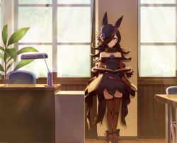 Rule 34 | 1girl, akabino, animal ears, armpit crease, bare shoulders, belt, black footwear, black legwear, blue dress, blue flower, blue hat, blue rose, blush, book, cabinet, chair, collarbone, commentary request, curtains, dagger, desk, dress, flower, folding chair, hair over one eye, hat, highres, holding, holding book, horse ears, horse girl, horse tail, indoors, knife, lamp, long hair, long sleeves, looking at viewer, off-shoulder dress, off shoulder, open book, parted lips, plant, purple eyes, rice shower (umamusume), rose, sheath, sheathed, solo, standing, strappy heels, tail, umamusume, weapon, window