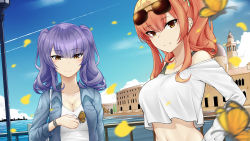 Rule 34 | 2girls, alternate costume, aviator sunglasses, azur lane, blue hair, breasts, bug, butterfly, butterfly on hand, carolrin, casual, city, cleavage, closed mouth, commentary, contemporary, crop top, crop top overhang, day, denim, denim jacket, english commentary, eyewear on head, falling petals, highres, insect, jacket, large breasts, looking at viewer, medium hair, midriff, multiple girls, navel, ocean, open clothes, open jacket, orange hair, outdoors, petals, pola (azur lane), ponytail, sidelocks, smile, sunglasses, twintails, watch, wristwatch, zara (azur lane)