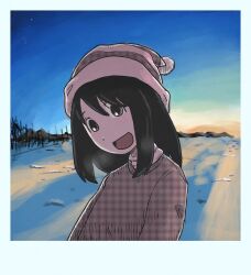Rule 34 | 1girl, azumanga daiou, black hair, blue sky, border, clear sky, commentary, dawn, denkirk, english commentary, grey eyes, hat, highres, kasuga ayumu, looking at viewer, nightcap, open mouth, sky, smile, snow, solo, upper body, white border, winter