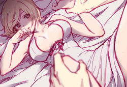 Rule 34 | 10s, 1girl, assassin (granblue fantasy), bed sheet, blonde hair, blush, breasts, brown eyes, center opening, djeeta (granblue fantasy), dress, gb hm, grabbing, granblue fantasy, holding another&#039;s wrist, imminent penetration, lying, medium breasts, on back, open mouth, short hair, solo focus, sweat, white dress