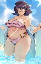 1girl absurdres alternate_body_size beach big_hair bikini breasts cleavage creatures_(company) game_freak green_eyes highres large_breasts nintendo outdoors partially_submerged pink-framed_eyewear plump pokemon pokemon_sm puzzledartist solo stretch_marks swimsuit thighhighs water wicke_(pokemon)