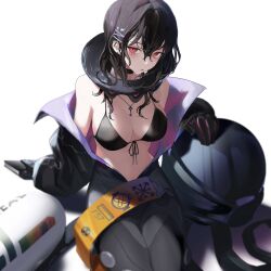 Rule 34 | 1girl, bikini, bikini top only, black bikini, black gloves, black hair, bodysuit, breasts, cleavage, collar, diving helmet, diving suit, dry suit, from above, girls&#039; frontline, girls&#039; frontline neural cloud, gloves, hatsuchiri (neural cloud), helmet, highres, jewelry, key, key necklace, looking at viewer, medium breasts, metal collar, mole, mole under eye, necklace, open wetsuit, oxygen tank, red eyes, sankichi (croquette crab), sitting, solo, swimsuit, wet, wet hair, wetsuit, white background