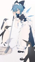 Rule 34 | 1girl, absurdres, alternate costume, animal, apron, bird, black bow, black dress, black footwear, blue eyes, blue hair, bow, cirno, detached wings, dress, enmaided, fairy, hair between eyes, hair bow, highres, holding, holding mop, ice, ice wings, maid, maid apron, maid headdress, mop, parted lips, penguin, shoes, short hair, short sleeves, solo, touhou, white apron, wings, zhesheng canxiang