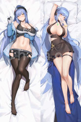 Rule 34 | 1girl, arm behind head, arm under breasts, arm up, armpits, azur lane, bare shoulders, barefoot, bed sheet, black dress, black gloves, black headband, black shorts, black tank top, black thighhighs, blue hair, blue jacket, blush, bracelet, breasts, cha hou, cleavage, clothes writing, clothing cutout, collarbone, commentary, covered navel, dakimakura (medium), dress, essex (a trip down route 66) (azur lane), essex (azur lane), essex (craft fairytail) (azur lane), evening gown, feet, from above, full body, gem, gloves, green gemstone, groin, hair between eyes, halter dress, halterneck, hand on own face, headband, highres, hip vent, jacket, jewelry, knee up, large breasts, long hair, long sleeves, looking at viewer, lying, midriff, multiple views, navel, necklace, nose blush, off shoulder, official alternate costume, on back, open clothes, open jacket, parted lips, pillow, ponytail, revision, sample watermark, shadow, sheet grab, short shorts, shorts, side cutout, sidelocks, skindentation, sleeveless, smile, tank top, taut clothes, teeth, thigh strap, thighhighs, twintails, two-tone gloves, two-tone shirt, upper teeth only, very long hair, waist cape, watermark, white gloves, white tank top, yellow eyes