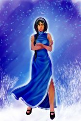 Rule 34 | 1girl, absurdres, black hair, blue dress, breasts, china dress, chinese clothes, crossed arms, dress, full body, gradient background, hair over shoulder, highres, hong xiu ying, long hair, low ponytail, pchoberry, shenmue, shenmue ii, side slit, solo