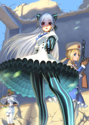 Rule 34 | 3girls, absurdres, black bow, blonde hair, blue bow, blue eyes, blue legwear, blue sky, blue stripes, bow, capelet, cherry hair ornament, crack, cracked wall, darkmuleth, day, dress, elbow gloves, eyelashes, food-themed hair ornament, frilled dress, frills, from below, fur-trimmed capelet, fur hat, fur trim, girls&#039; frontline, gloves, gradient legwear, gun, hair bow, hair ornament, handgun, hat, highres, holding, holding gun, holding weapon, juliet sleeves, legs, lips, lipstick, long hair, long sleeves, looking at viewer, makeup, multicolored clothes, multicolored legwear, multiple girls, pantyhose, parted lips, partially fingerless gloves, pistol, pointing weapon, ponytail, ppsh-41, ppsh-41 (girls&#039; frontline), puffy sleeves, rebar, red eyes, rifle, ruins, shawl, short sleeves, silver hair, sky, striped clothes, striped gloves, striped legwear, striped pantyhose, submachine gun, sunglasses, svt-38, svt-38 (girls&#039; frontline), thighs, tokarev (girls&#039; frontline), tokarev tt-33, ushanka, vertical-striped clothes, vertical-striped gloves, vertical-striped legwear, vertical-striped pantyhose, very long hair, weapon, white dress, white legwear